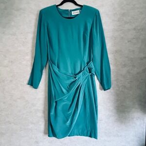 Bugardi Teal Silk Ruched Draped Midi Dress Women's Size 6 Long Sleeve